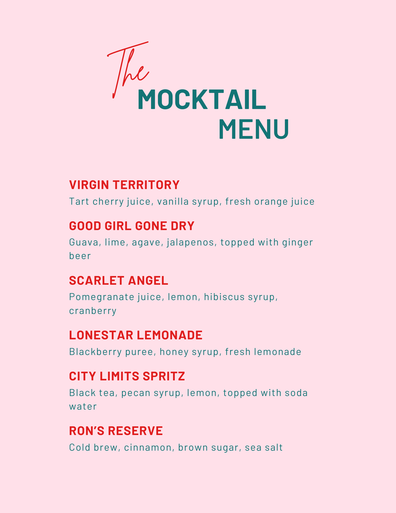 Cherry Bomb Bartending Signature Mocktails Menu